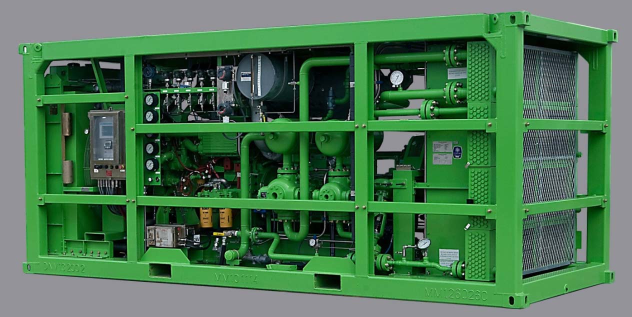 Oil-Flooded High Pressure Booster Compressor packaged in DNV 2.7-1 Offshore frame, Non-Hazardous Area